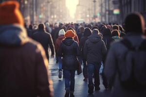 multitud de personas caminando en un ocupado la carretera con generativo ai foto