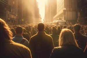 multitud de personas caminando en un ocupado la carretera con generativo ai foto