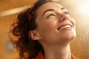 happy young woman who is thinking with photo