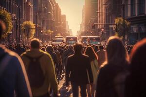 multitud de personas caminando en un ocupado la carretera con generativo ai foto