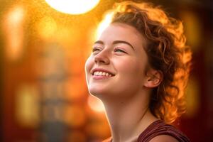 happy young woman who is thinking with photo