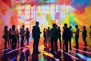 happy people talking to different people at an event in bright colors conference room with photo