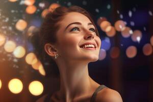 happy young woman who is thinking with photo