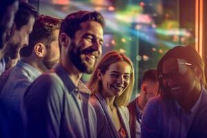 happy people talking to different people at an event in bright colors conference room with photo