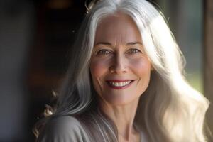 a happy young woman with grey hair in the style of smooth and polished with photo