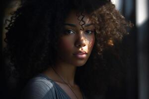 a black female with curly hair in the style of voluminous mass with photo