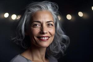a happy young woman with grey hair in the style of smooth and polished with photo
