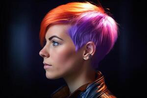 young woman with short color rainbow hair in violet and orange color with photo