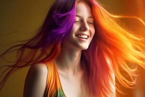 young woman with long hair in violet and orange color with photo