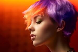 young woman with short color rainbow hair in violet and orange color with photo