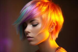 joven mujer con corto color arco iris pelo en Violeta y naranja color con generativo ai foto