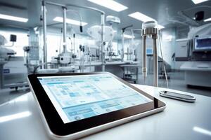 a tablet is displaying medical records medical tools in an bright hospital operating room with photo