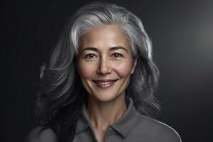 a happy young woman with grey hair in the style of smooth and polished with photo