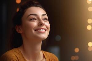 happy young woman who is thinking with photo