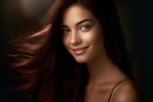 beautiful woman with dark brown hair in the style of smooth and polished with photo