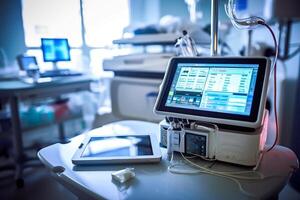 un tableta es mostrando médico registros médico herramientas en un brillante hospital operando habitación con generativo ai foto
