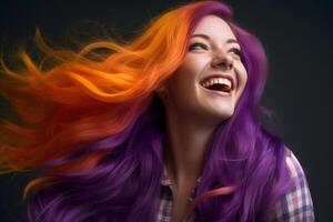 young woman with long hair in violet and orange color with photo