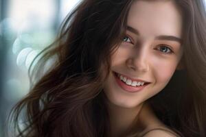 beautiful woman with dark brown hair in the style of smooth and polished with photo