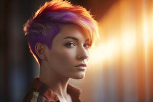 young woman with short color rainbow hair in violet and orange color with photo