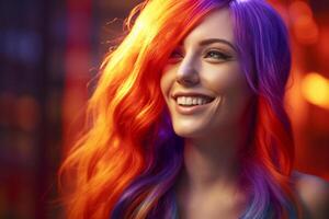 young woman with long hair in violet and orange color with photo