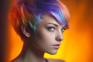 young woman with short color rainbow hair in violet and orange color with photo