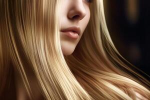 un hermosa rubia pelo con Derecho largo rayas en el estilo de suave y pulido con generativo ai foto