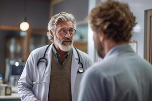 senior man talking with doctor with photo