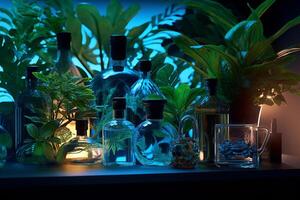 science with samples of plants and bottles with photo