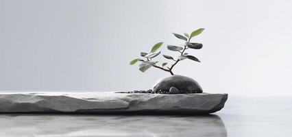 a single branch of a small plant on rocks photo