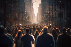 multitud de personas caminando en un ocupado la carretera con generativo ai foto