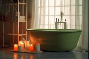 a white tub with candles and body lotions photo