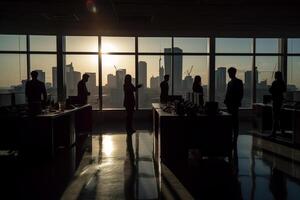 silhouette business people working at bright office with photo