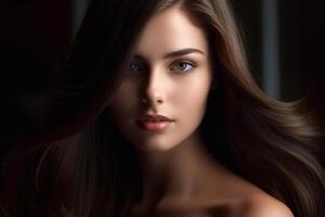 beautiful woman with dark brown hair in the style of smooth and polished with photo