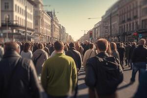 multitud de personas caminando en un ocupado la carretera con generativo ai foto