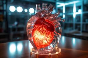 Synthetic heart in a science lab with photo