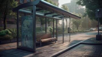 outdoor or exterior bus stop at city with photo