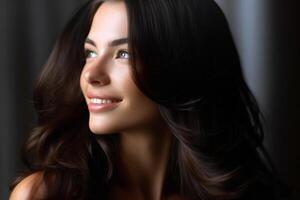 beautiful woman with dark brown hair in the style of smooth and polished with photo