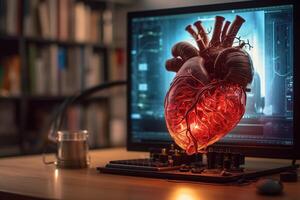 Synthetic heart in a science lab with photo