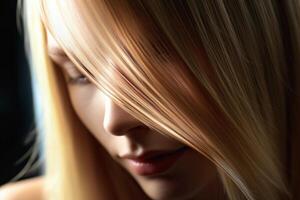 a beautiful blonde hair with straight long streaks in the style of smooth and polished with photo