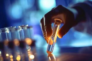 the hand of laboratory worker is preparing an empty test tube in a lab with photo