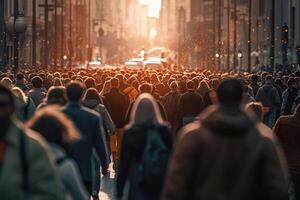 multitud de personas caminando en un ocupado la carretera con generativo ai foto