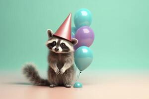Raccoon in birthday hat with balloons. . photo