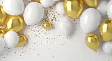 Festive background of white and golden balloons. Generative AI. photo