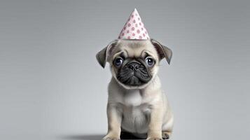 Puppy pug in birthday cap. . photo