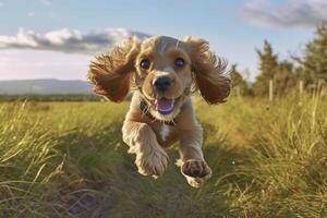 A Cocker Spaniel running through a field. . photo