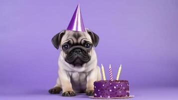 Puppy pug in the birthday cap. Copy space. . photo