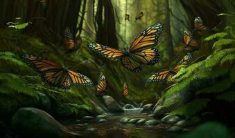 A swarm of butterflies migrating through a forest. Generated by AI photo