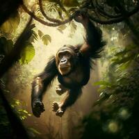 A chimpanzee swings through the jungle. AI photo