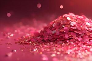 Pink glitter boke shining. sequin bits on pink background. photo