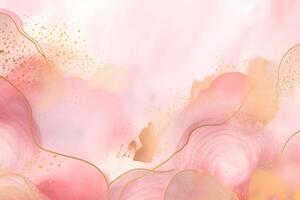 Elegant pink alcohol ink background with gold glitter elements. photo